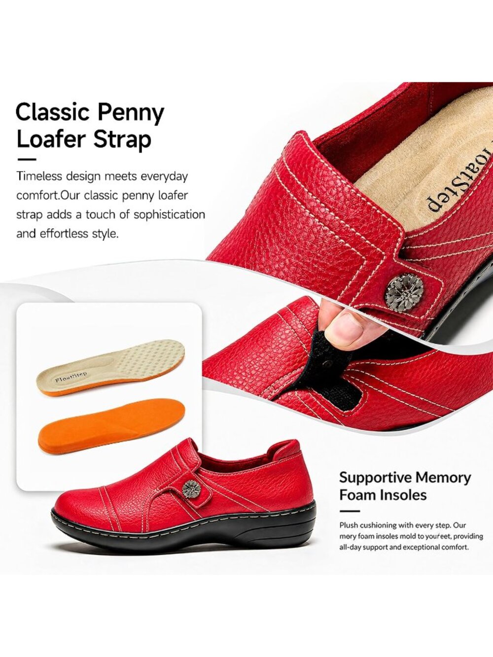Women's Red Leather Casual Comfortable Dressy Flats Loafers & Slip-On Shoes - Picture 5 of 6